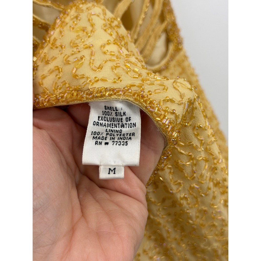 Scala 47815L Beaded Silk Halter Gown Women Size M Yellow Gold Open Back Formal - Picture 10 of 12
